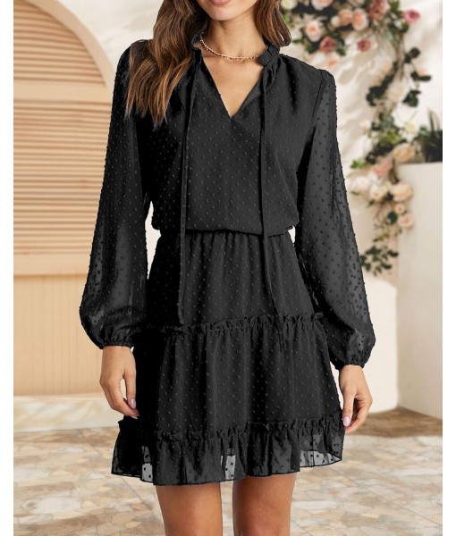 BTFBM Long Sleeve Fall Dresses for Women 2025 Summer Casual Tie Neck Ruffle Tiered A Line Wedding Guest Short Mini Dress