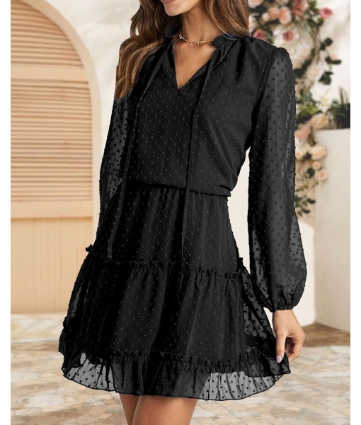 BTFBM Long Sleeve Fall Dresses for Women 2025 Summer Casual Tie Neck Ruffle Tiered A Line Wedding Guest Short Mini Dress