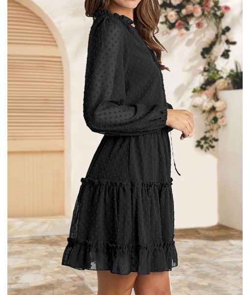 BTFBM Long Sleeve Fall Dresses for Women 2025 Summer Casual Tie Neck Ruffle Tiered A Line Wedding Guest Short Mini Dress