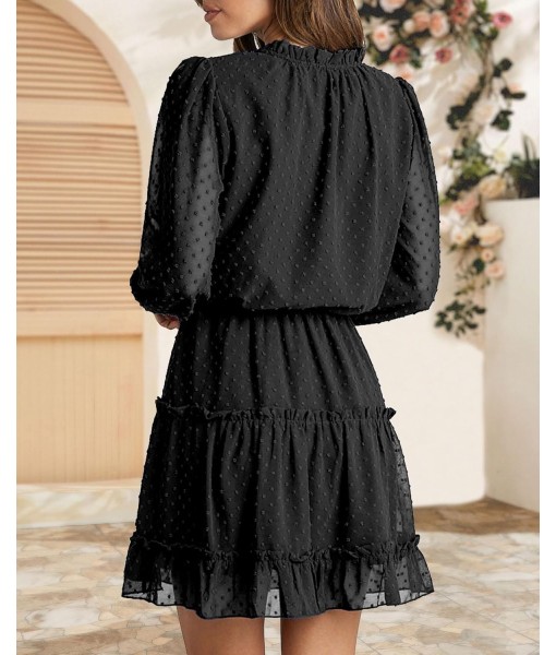 BTFBM Long Sleeve Fall Dresses for Women 2025 Summer Casual Tie Neck Ruffle Tiered A Line Wedding Guest Short Mini Dress