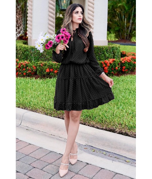 BTFBM Long Sleeve Fall Dresses for Women 2025 Summer Casual Tie Neck Ruffle Tiered A Line Wedding Guest Short Mini Dress