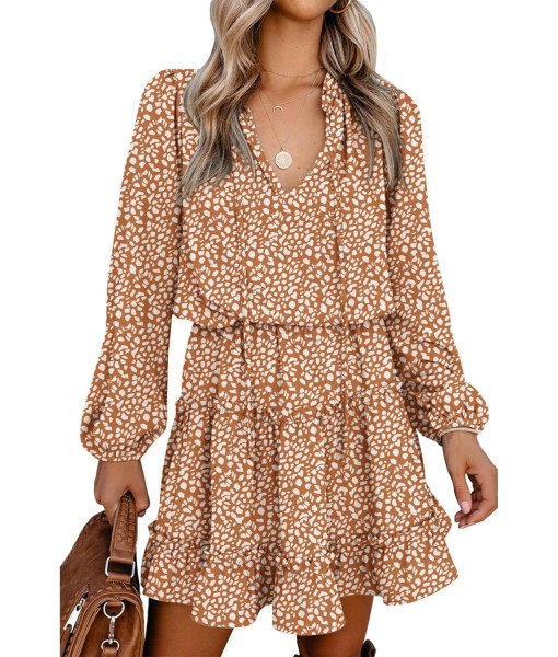 BTFBM Long Sleeve Fall Dresses for Women 2025 Summer Casual Tie Neck Ruffle Tiered A Line Wedding Guest Short Mini Dress