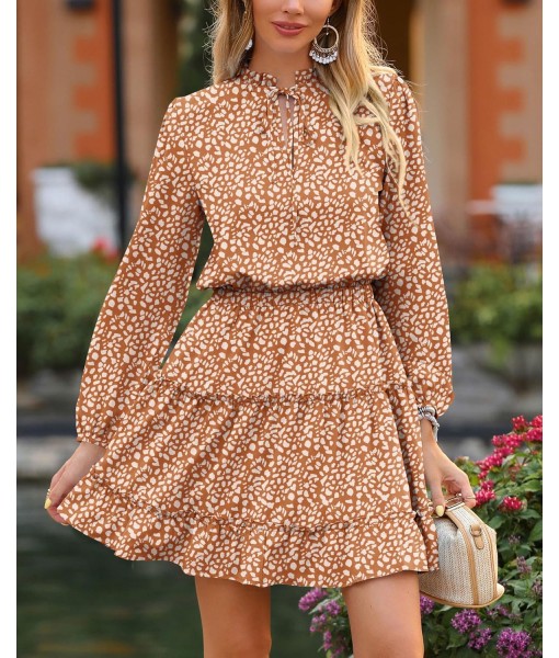 BTFBM Long Sleeve Fall Dresses for Women 2025 Summer Casual Tie Neck Ruffle Tiered A Line Wedding Guest Short Mini Dress