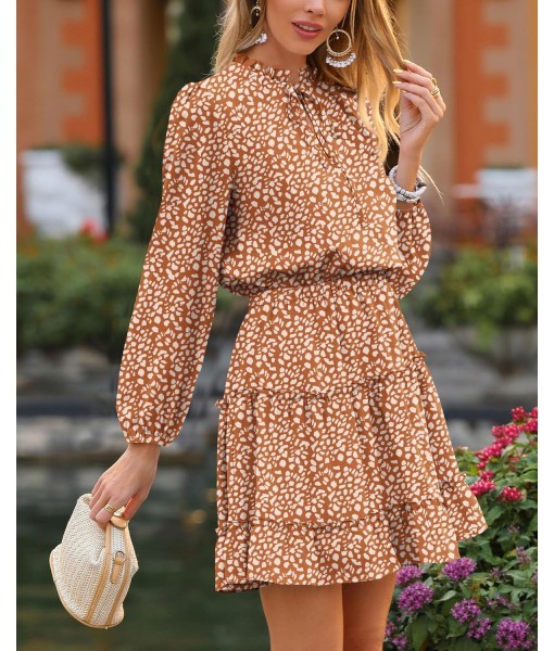 BTFBM Long Sleeve Fall Dresses for Women 2025 Summer Casual Tie Neck Ruffle Tiered A Line Wedding Guest Short Mini Dress