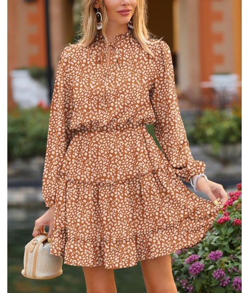 BTFBM Long Sleeve Fall Dresses for Women 2025 Summer Casual Tie Neck Ruffle Tiered A Line Wedding Guest Short Mini Dress