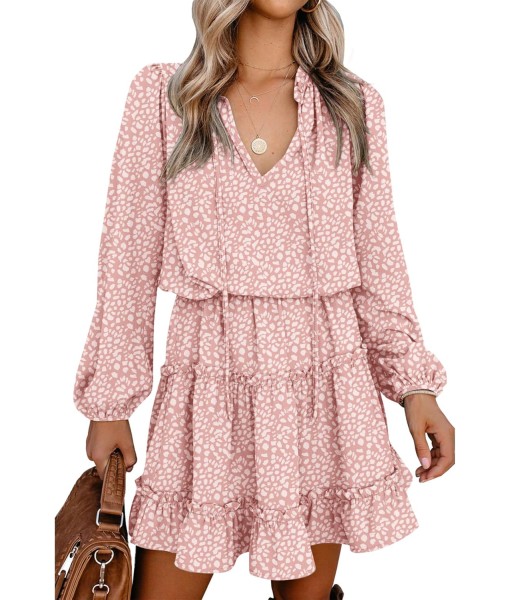 BTFBM Long Sleeve Fall Dresses for Women 2025 Summer Casual Tie Neck Ruffle Tiered A Line Wedding Guest Short Mini Dress