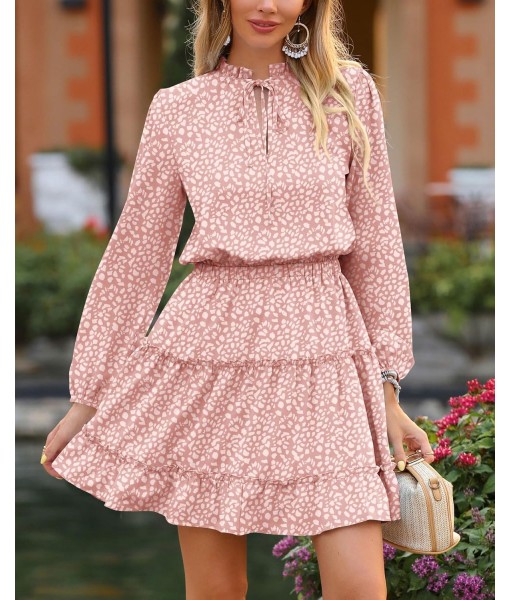 BTFBM Long Sleeve Fall Dresses for Women 2025 Summer Casual Tie Neck Ruffle Tiered A Line Wedding Guest Short Mini Dress