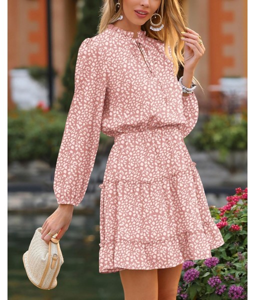 BTFBM Long Sleeve Fall Dresses for Women 2025 Summer Casual Tie Neck Ruffle Tiered A Line Wedding Guest Short Mini Dress