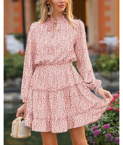 BTFBM Long Sleeve Fall Dresses for Women 2025 Summer Casual Tie Neck Ruffle Tiered A Line Wedding Guest Short Mini Dress
