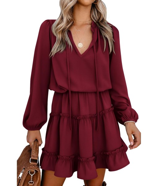 BTFBM Long Sleeve Fall Dresses for Women 2025 Summer Casual Tie Neck Ruffle Tiered A Line Wedding Guest Short Mini Dress
