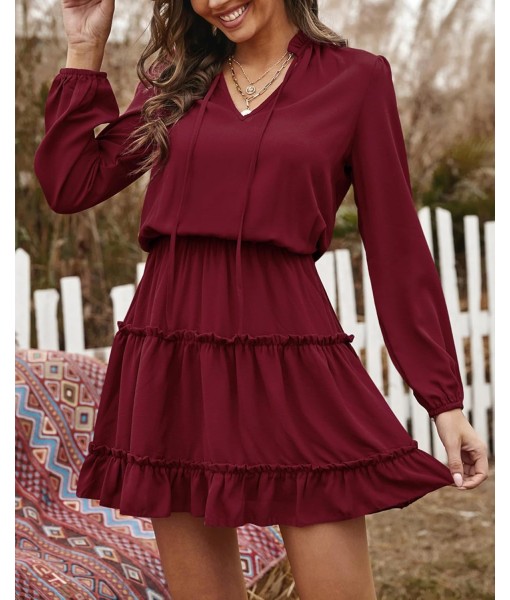 BTFBM Long Sleeve Fall Dresses for Women 2025 Summer Casual Tie Neck Ruffle Tiered A Line Wedding Guest Short Mini Dress