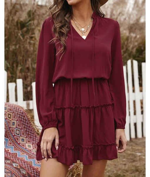 BTFBM Long Sleeve Fall Dresses for Women 2025 Summer Casual Tie Neck Ruffle Tiered A Line Wedding Guest Short Mini Dress