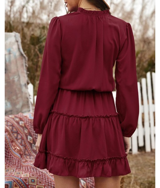 BTFBM Long Sleeve Fall Dresses for Women 2025 Summer Casual Tie Neck Ruffle Tiered A Line Wedding Guest Short Mini Dress