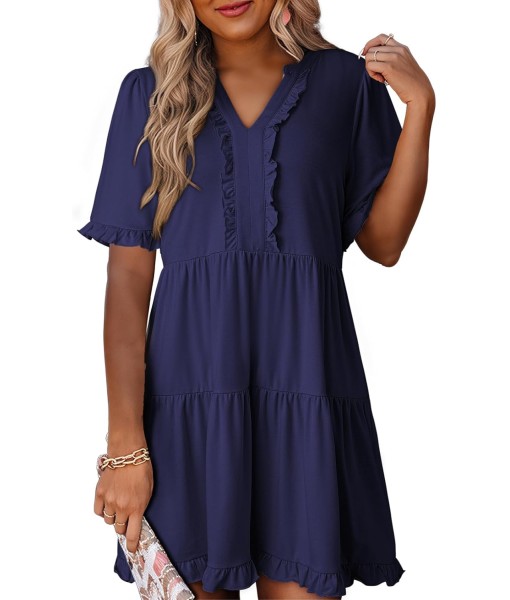 Dokotoo Womens Dresses 2025 Summer Spring V Neck Short Sleeve Casual A Line Flowy Swing Shift Dress Mini Dress
