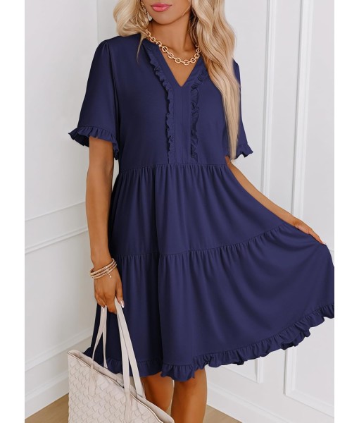 Dokotoo Womens Dresses 2025 Summer Spring V Neck Short Sleeve Casual A Line Flowy Swing Shift Dress Mini Dress