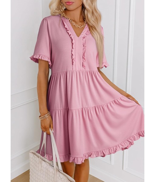Dokotoo Womens Dresses 2025 Summer Spring V Neck Short Sleeve Casual A Line Flowy Swing Shift Dress Mini Dress