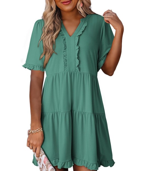 Dokotoo Womens Dresses 2025 Summer Spring V Neck Short Sleeve Casual A Line Flowy Swing Shift Dress Mini Dress