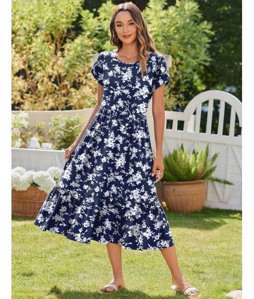 Zeagoo Women Summer Midi A Line Dress Short Sleeve Casual Flowy Tiered Beach Long Sundress with Pockets 2025 Vacation Travel