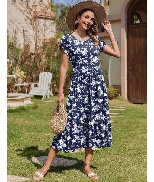Zeagoo Women Summer Midi A Line Dress Short Sleeve Casual Flowy Tiered Beach Long Sundress with Pockets 2025 Vacation Travel