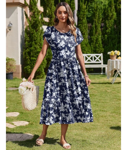 Zeagoo Women Summer Midi A Line Dress Short Sleeve Casual Flowy Tiered Beach Long Sundress with Pockets 2025 Vacation Travel
