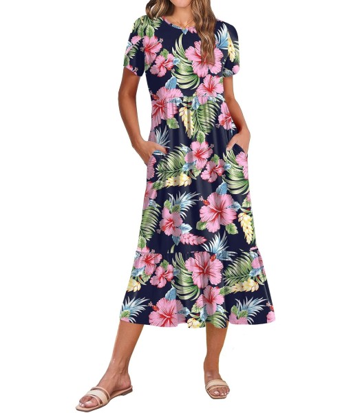 Zeagoo Women Summer Midi A Line Dress Short Sleeve Casual Flowy Tiered Beach Long Sundress with Pockets 2025 Vacation Travel