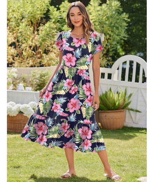 Zeagoo Women Summer Midi A Line Dress Short Sleeve Casual Flowy Tiered Beach Long Sundress with Pockets 2025 Vacation Travel