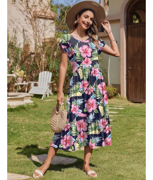 Zeagoo Women Summer Midi A Line Dress Short Sleeve Casual Flowy Tiered Beach Long Sundress with Pockets 2025 Vacation Travel