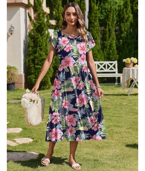Zeagoo Women Summer Midi A Line Dress Short Sleeve Casual Flowy Tiered Beach Long Sundress with Pockets 2025 Vacation Travel