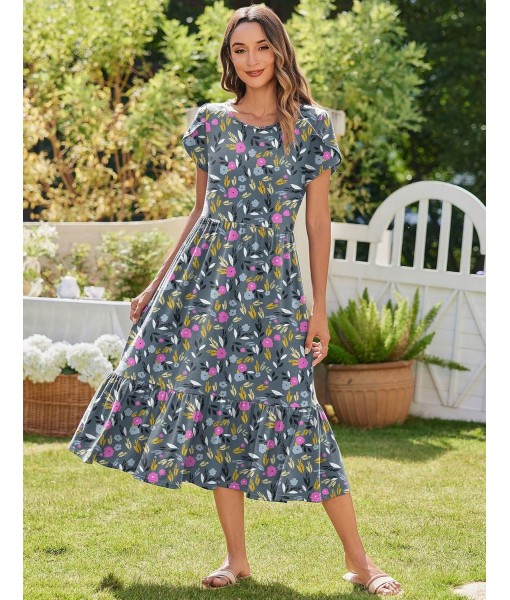 Zeagoo Women Summer Midi A Line Dress Short Sleeve Casual Flowy Tiered Beach Long Sundress with Pockets 2025 Vacation Travel
