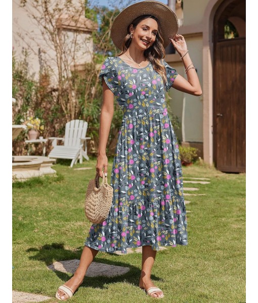 Zeagoo Women Summer Midi A Line Dress Short Sleeve Casual Flowy Tiered Beach Long Sundress with Pockets 2025 Vacation Travel