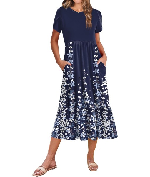 Zeagoo Women Summer Midi A Line Dress Short Sleeve Casual Flowy Tiered Beach Long Sundress with Pockets 2025 Vacation Travel