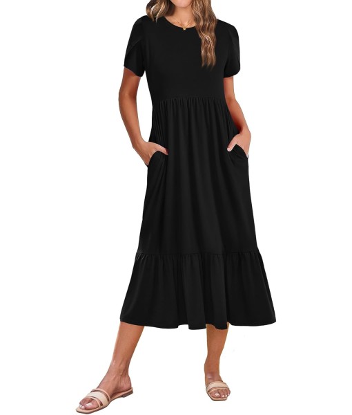 Zeagoo Women Summer Midi A Line Dress Short Sleeve Casual Flowy Tiered Beach Long Sundress with Pockets 2025 Vacation Travel