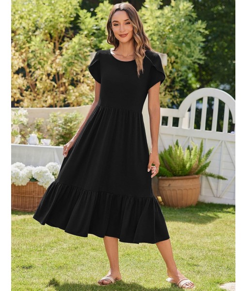Zeagoo Women Summer Midi A Line Dress Short Sleeve Casual Flowy Tiered Beach Long Sundress with Pockets 2025 Vacation Travel
