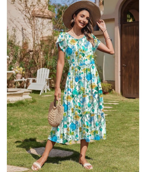 Zeagoo Women Summer Midi A Line Dress Short Sleeve Casual Flowy Tiered Beach Long Sundress with Pockets 2025 Vacation Travel