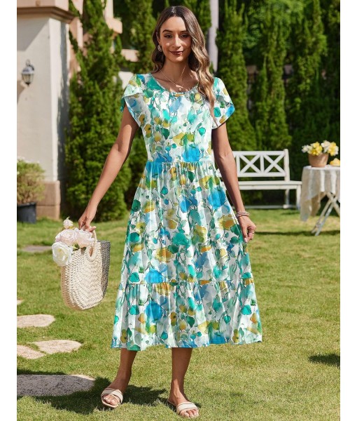 Zeagoo Women Summer Midi A Line Dress Short Sleeve Casual Flowy Tiered Beach Long Sundress with Pockets 2025 Vacation Travel