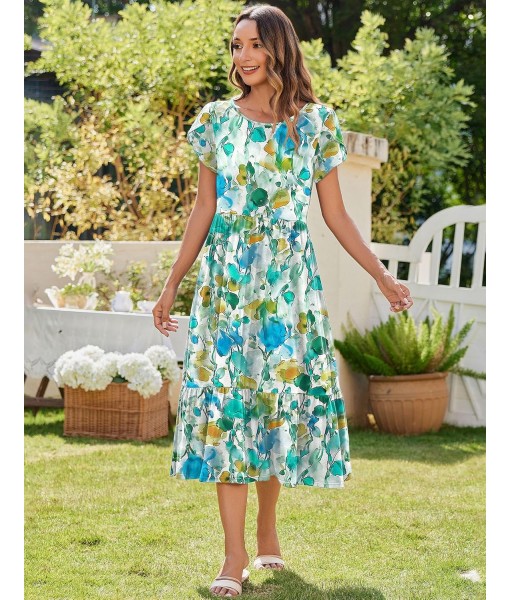 Zeagoo Women Summer Midi A Line Dress Short Sleeve Casual Flowy Tiered Beach Long Sundress with Pockets 2025 Vacation Travel