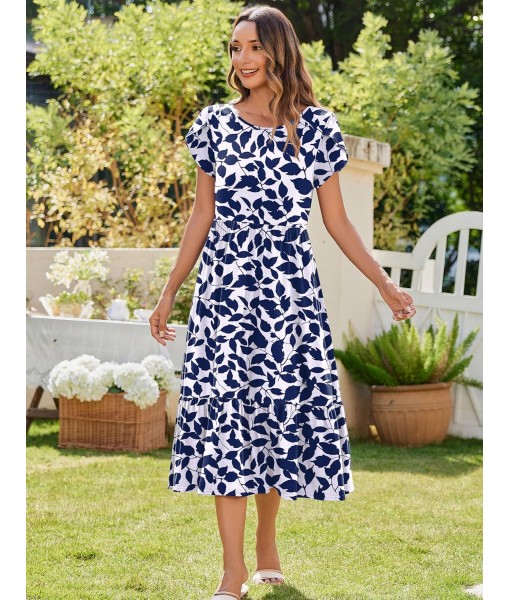 Zeagoo Women Summer Midi A Line Dress Short Sleeve Casual Flowy Tiered Beach Long Sundress with Pockets 2025 Vacation Travel