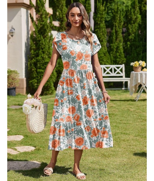 Zeagoo Women Summer Midi A Line Dress Short Sleeve Casual Flowy Tiered Beach Long Sundress with Pockets 2025 Vacation Travel