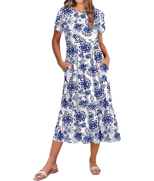 Zeagoo Women Summer Midi A Line Dress Short Sleeve Casual Flowy Tiered Beach Long Sundress with Pockets 2025 Vacation Travel