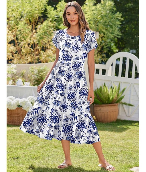 Zeagoo Women Summer Midi A Line Dress Short Sleeve Casual Flowy Tiered Beach Long Sundress with Pockets 2025 Vacation Travel
