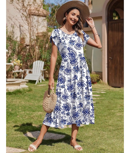 Zeagoo Women Summer Midi A Line Dress Short Sleeve Casual Flowy Tiered Beach Long Sundress with Pockets 2025 Vacation Travel