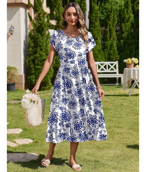 Zeagoo Women Summer Midi A Line Dress Short Sleeve Casual Flowy Tiered Beach Long Sundress with Pockets 2025 Vacation Travel