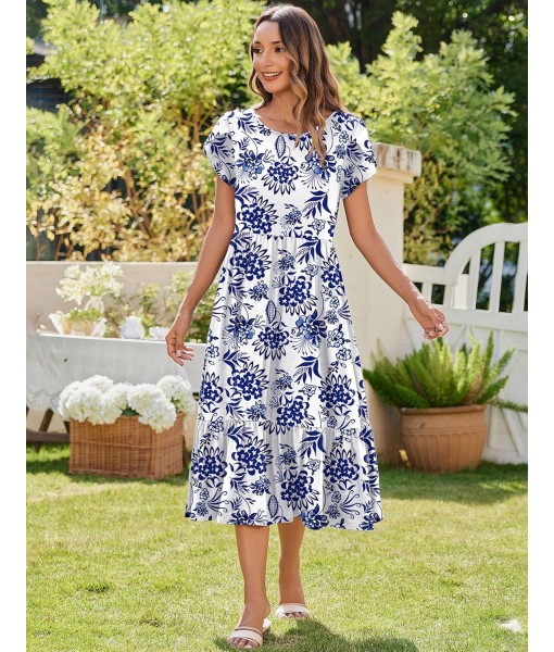Zeagoo Women Summer Midi A Line Dress Short Sleeve Casual Flowy Tiered Beach Long Sundress with Pockets 2025 Vacation Travel