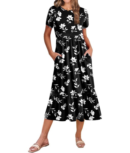 Zeagoo Women Summer Midi A Line Dress Short Sleeve Casual Flowy Tiered Beach Long Sundress with Pockets 2025 Vacation Travel