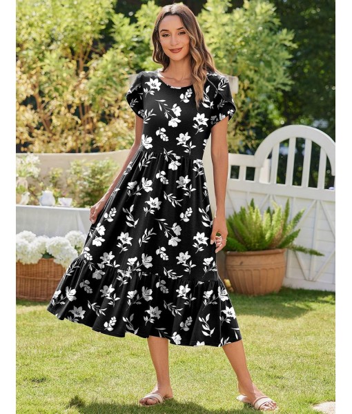 Zeagoo Women Summer Midi A Line Dress Short Sleeve Casual Flowy Tiered Beach Long Sundress with Pockets 2025 Vacation Travel