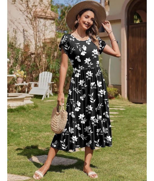 Zeagoo Women Summer Midi A Line Dress Short Sleeve Casual Flowy Tiered Beach Long Sundress with Pockets 2025 Vacation Travel