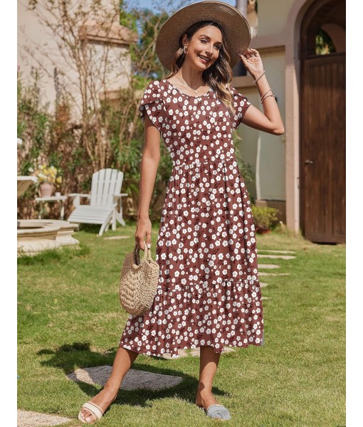 Zeagoo Women Summer Midi A Line Dress Short Sleeve Casual Flowy Tiered Beach Long Sundress with Pockets 2025 Vacation Travel