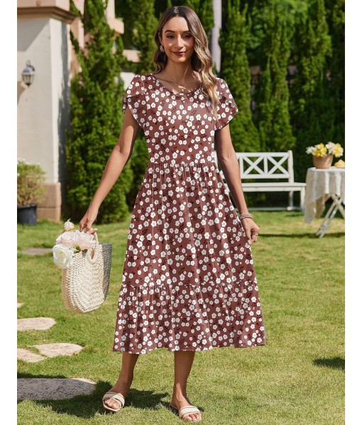 Zeagoo Women Summer Midi A Line Dress Short Sleeve Casual Flowy Tiered Beach Long Sundress with Pockets 2025 Vacation Travel