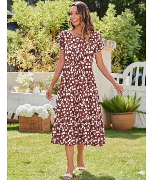 Zeagoo Women Summer Midi A Line Dress Short Sleeve Casual Flowy Tiered Beach Long Sundress with Pockets 2025 Vacation Travel