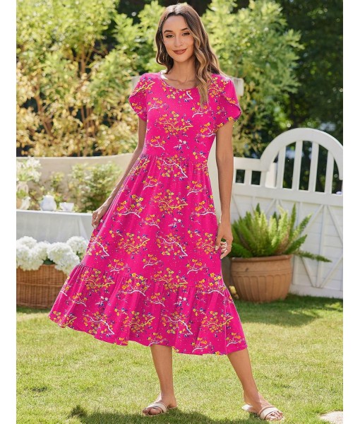 Zeagoo Women Summer Midi A Line Dress Short Sleeve Casual Flowy Tiered Beach Long Sundress with Pockets 2025 Vacation Travel